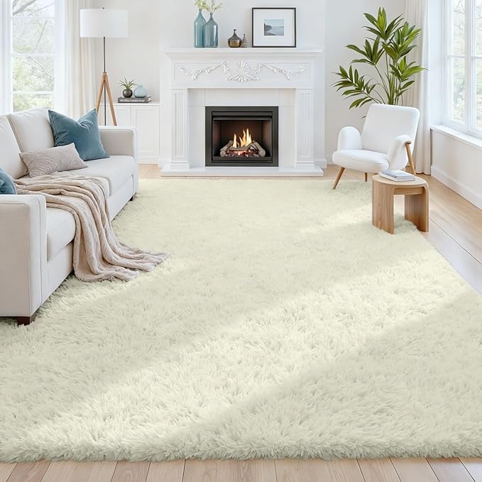 6x9 Area Rugs for Living Room Rug: Soft Fluffy Shag Cream White Rugs for Bedroom by CarpetAddColortoYourLife