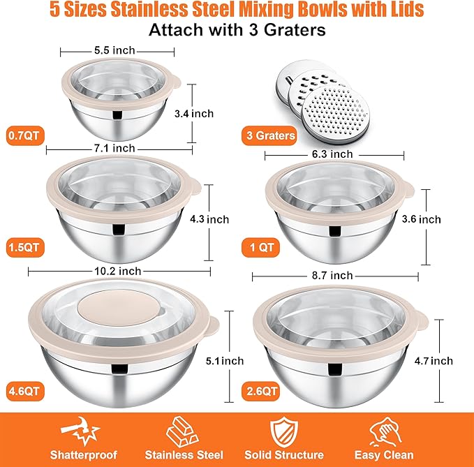 E-far Mixing Bowls Set of 5, Stainless Steel Salad Mixing Bowl - Image 5