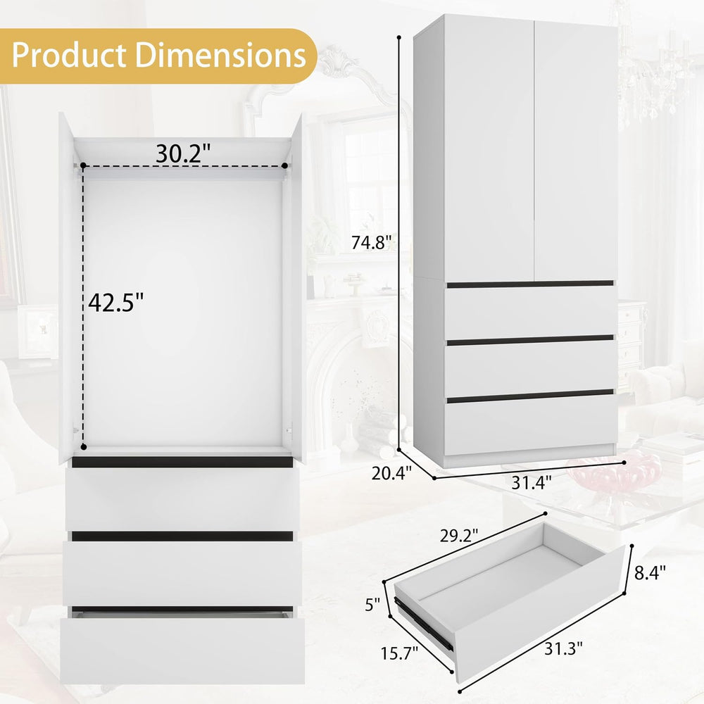 White Armoire Wardrobe Closet with 6 Drawers: 75" H x 63" W