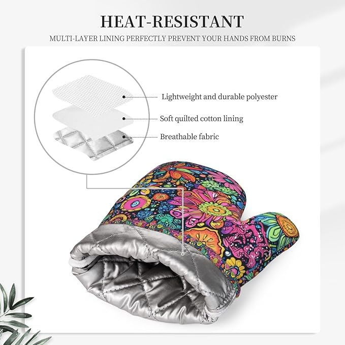 Oven Mitts and Pot Holders Set, Colorful Flower Art Silicone Kitchen - Image 4