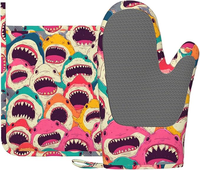 Colorful Shark Oven Mitts and Pot Holders Sets Angry Sharks Non-Slip Silicone by Unknown