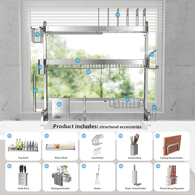 Over The Sink Dish Drainer Drying Rack, Full Stainless Steel 3-Tier Adjustable - Image 6