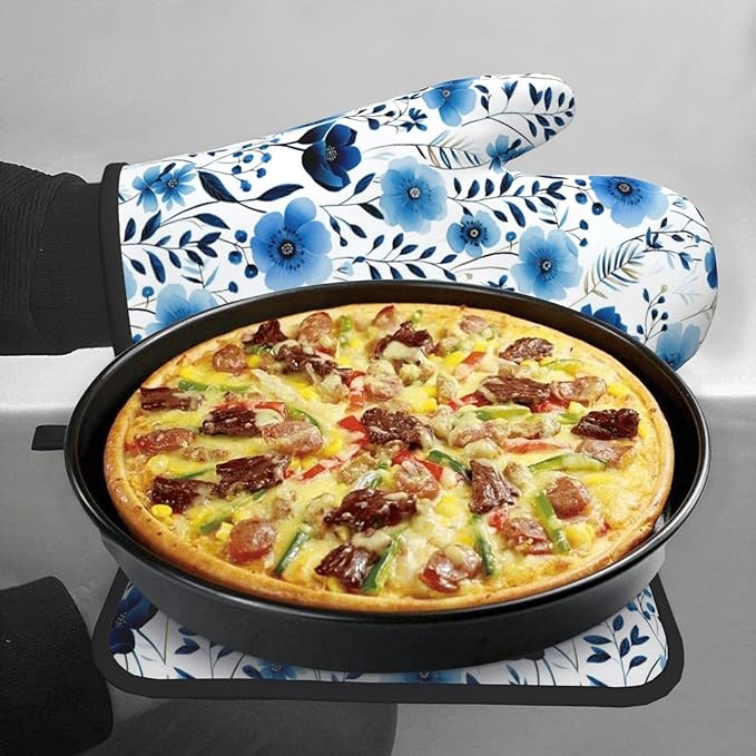 Blue Floral Oven Mitts and Pot Holders Sets of 3, Heat Resistant Cute - Image 3
