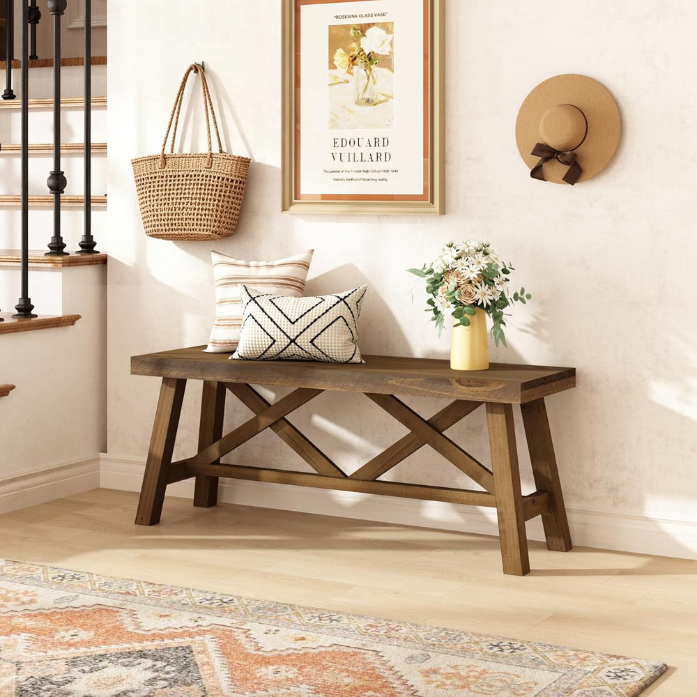 Wnutrees 43" Farmhouse Solid Wood Bench, Rustic Entryway Bench, Natural