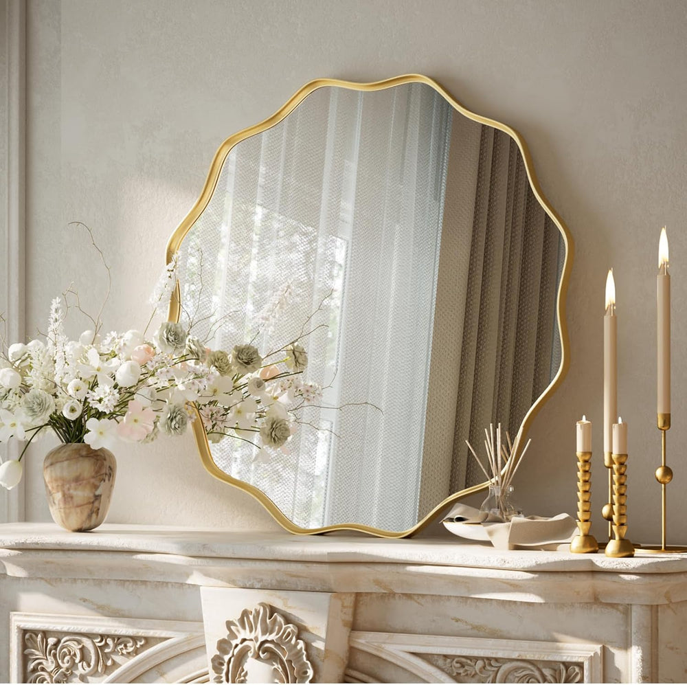 VooBang Gold Scalloped Circle Mirror, 20" Wavy Edge Round Wall Mirror