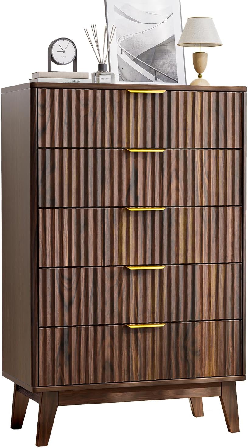 5-Drawer Dresser Fluted Drawers, Mid-Century, Walnut