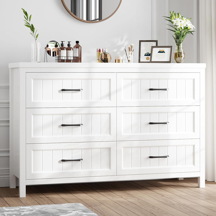 Jocoevol Farmhouse White 6 Drawer Dresser for Bedroom, Chest of Drawers - Large Double Dressers TV Stand with Deep Drawers Dressers for Hallway, Entryway - White