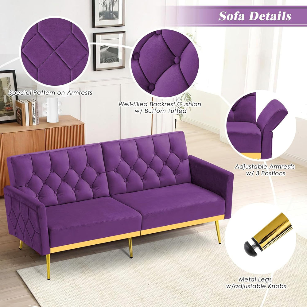 Velvet Sofa Bed w/Adjustable Armrests & Backrests, Purpel