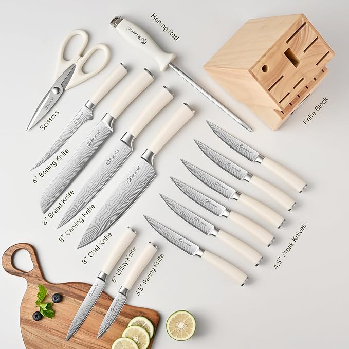 Sunnecko Knife Set with Block and Sharpener, 15 Piece Kitchen Knife Block Set