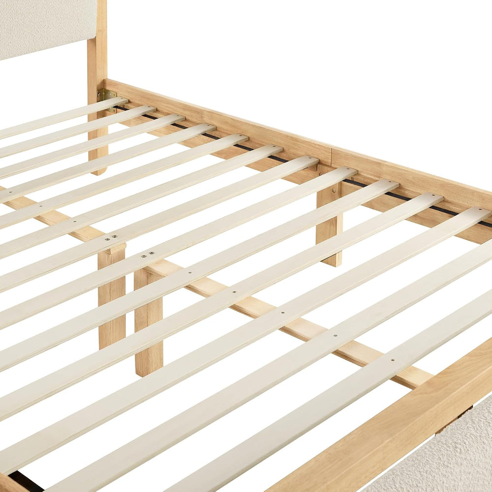KISLOT Queen Wood Platform Bed Frame with Boucle Upholstered Headboard, Mid-C...