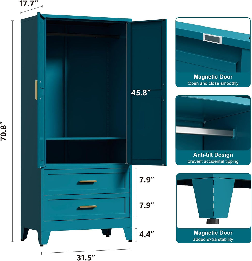 71'' Farmhouse Metal Wardrobe Cabinet with Hanging Rod, 2 Barn Door W...