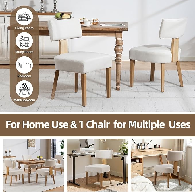 Dining Chairs, Fabric Upholstered Wood Kitchen Chairs Set of 6, Linen Curved ...