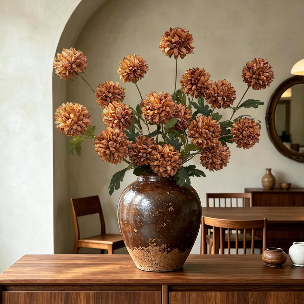 6 Pcs Fake Pompon Mums Artificial Flowers for Vase Filler 27Inch (Caramel)