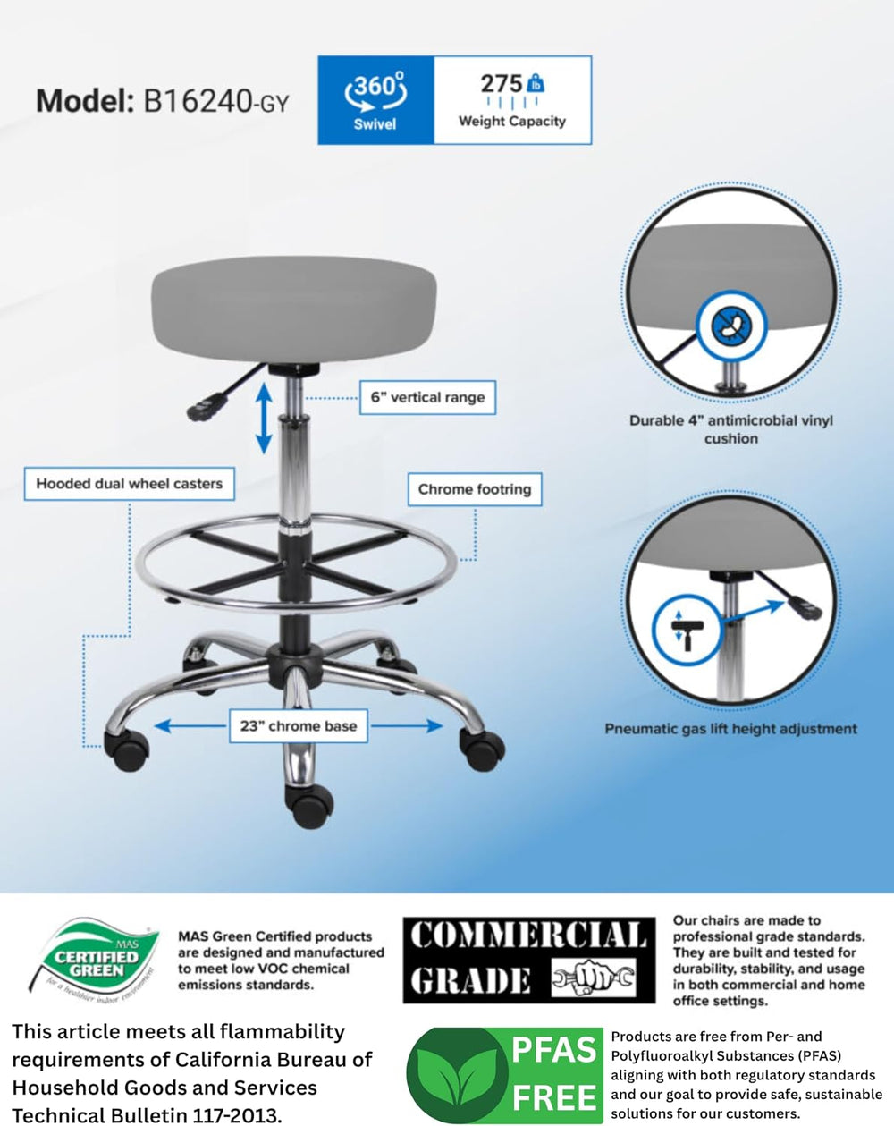 Boss Office Products Adjustable 16" Drafting Stool, Grey