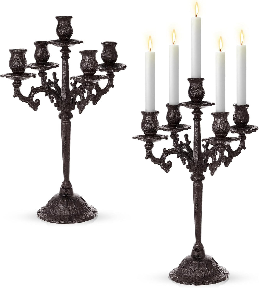 Mumufy 2 Pcs 5 Arm Black Halloween Candelabra 16.7" Tall Cast Iron Vintage