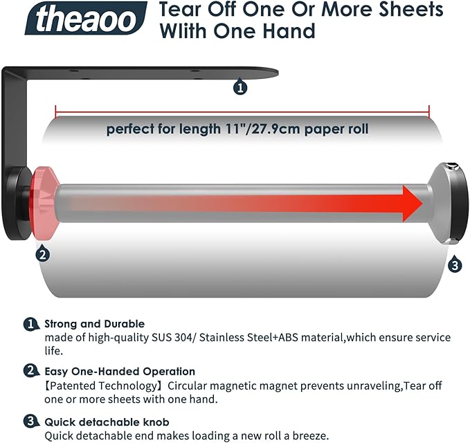 theaoo Paper Towel Holder Under Cabinet, One-Handed Tear Wall Mount Paper Towel - Image 2