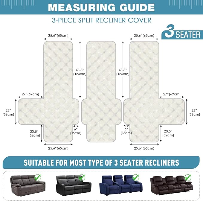 TAOCOCO 100% Waterproof Recliner Sofa Covers 3 Seater Split Couch Covers