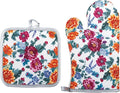 Floral Oven Mitts and Pot Holders Sets 2 Pcs, Canvas Heat Resistant Kitchen by QEES