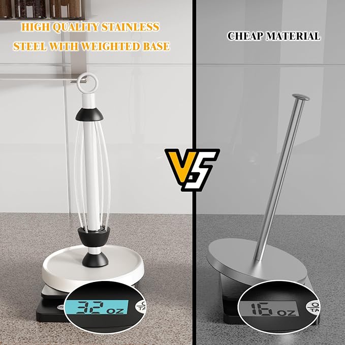 White Paper Towel Holder Countertop, One-Handed Tear, Stainless Steel, Weighted - Image 5