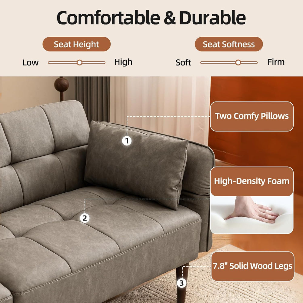 HALLYBEE 85" Futon Faux Leather Couch with Adjustable Armrests Grey