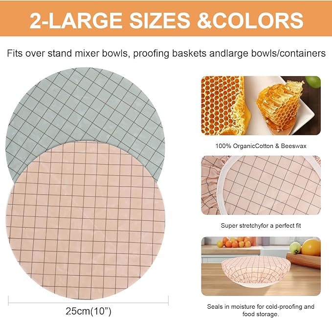 Reusable Bowl Covers for Bread Proofing（2 Large）- Cotton Beeswax Bowl Covers - Image 2