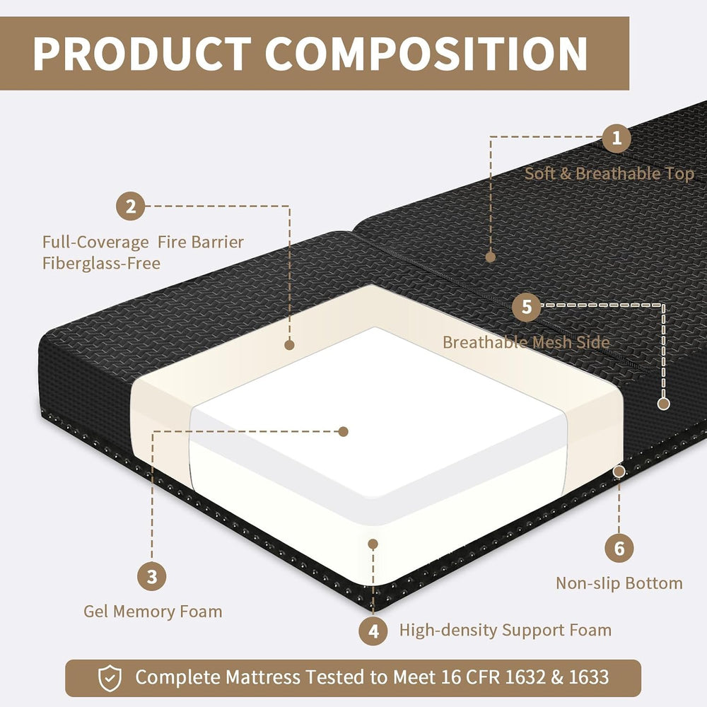 Folding Mattress Twin, 6" Floor Bed Futon for Guest Bed,Camping,Black