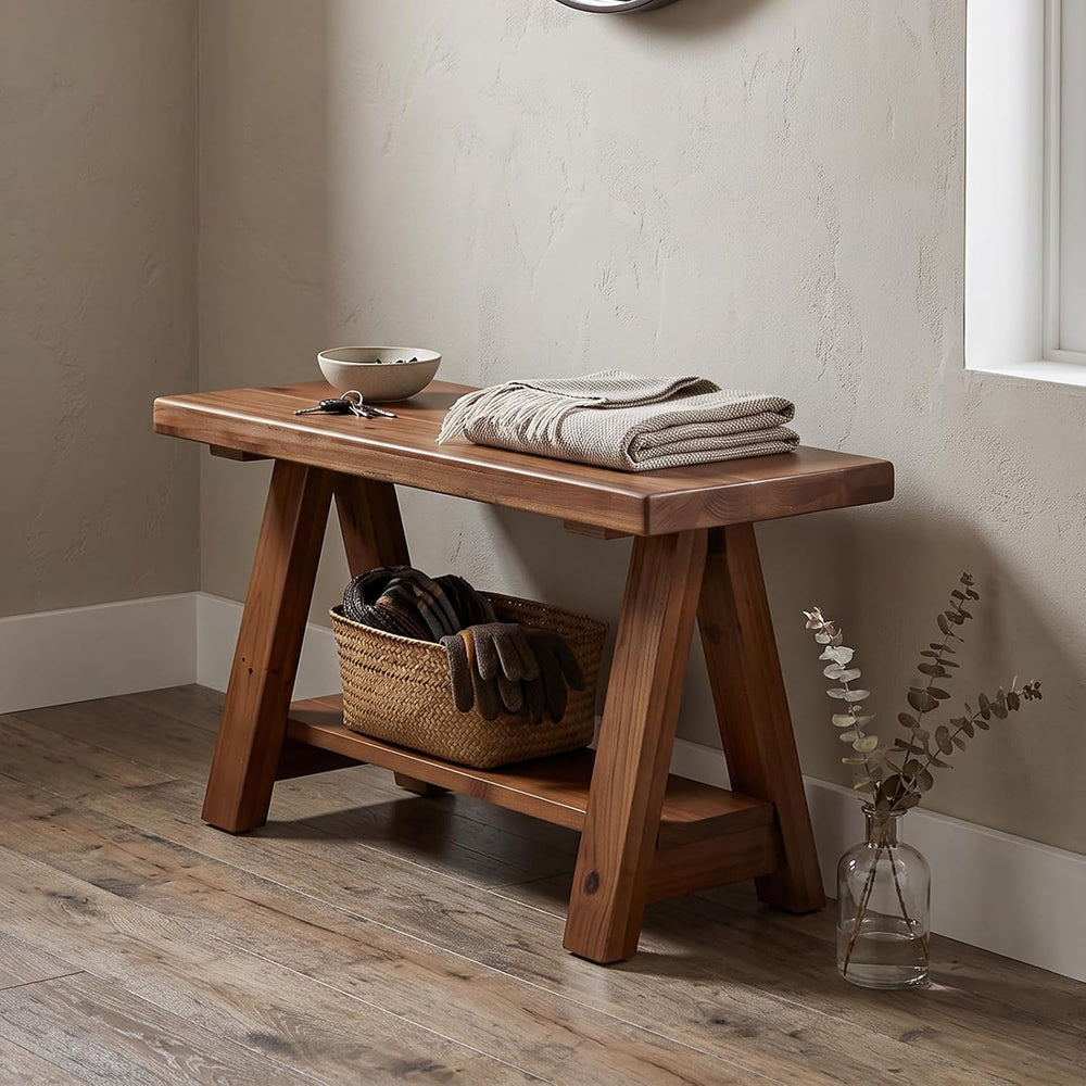 chairus Farmhouse 2-Tier Storage Bench, 30" Solid Wood Entryway Bench Se...