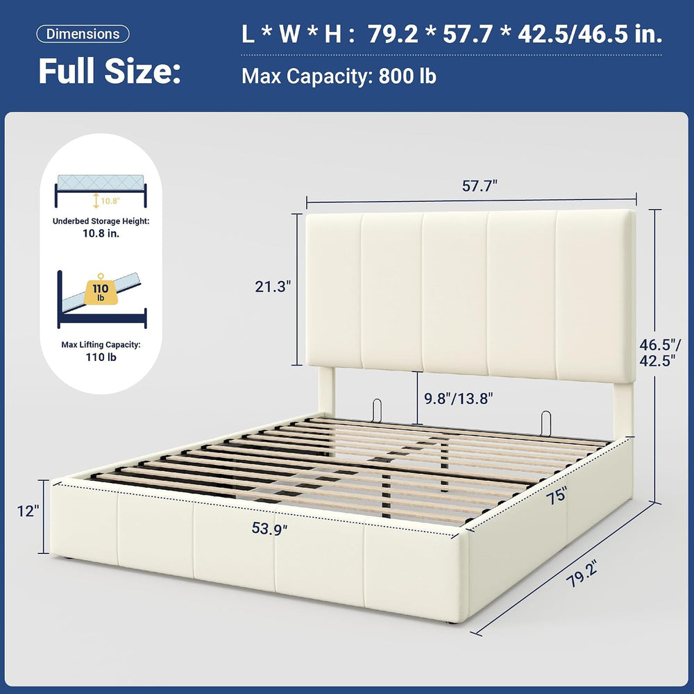 Allewie Full Size Velvet Lift Up Hydrualic Storage Bed Frame, Cream