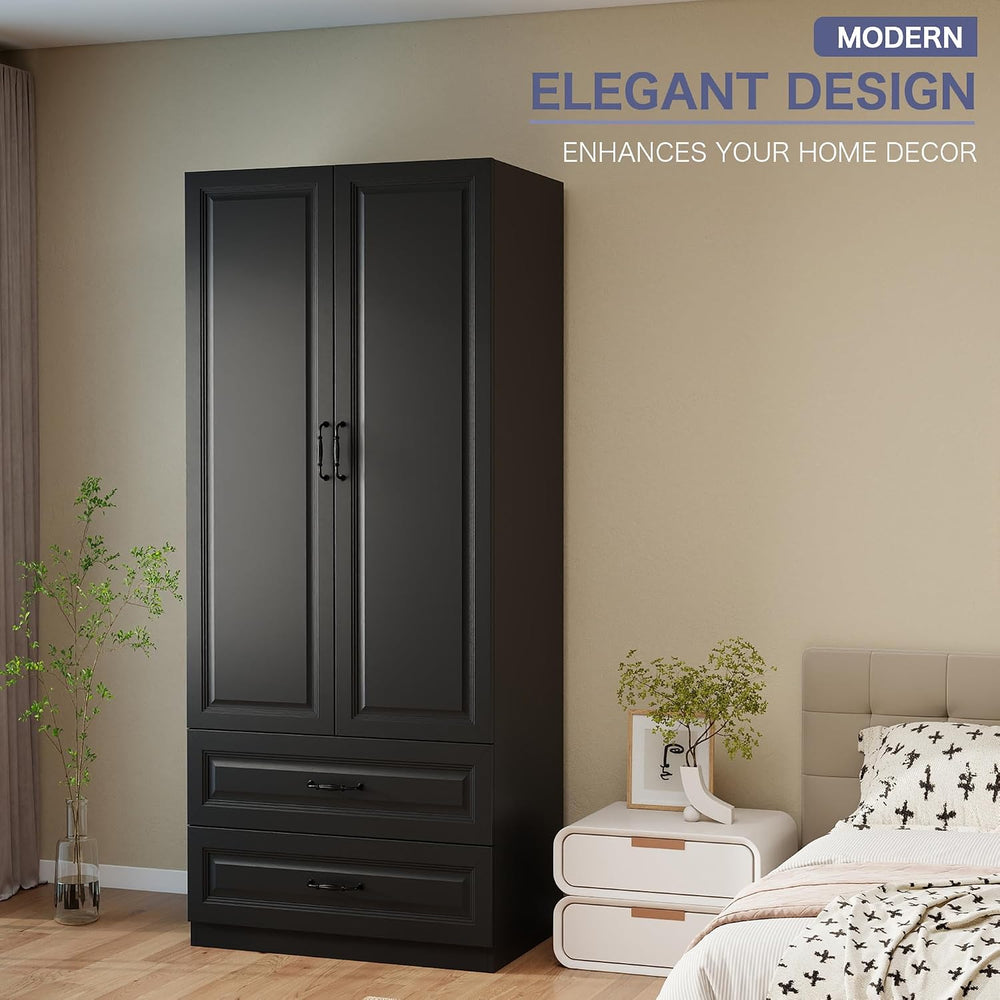 Black Wardrobe Closet with 2 Drawers and 2 Doors, 75" H x 32" W