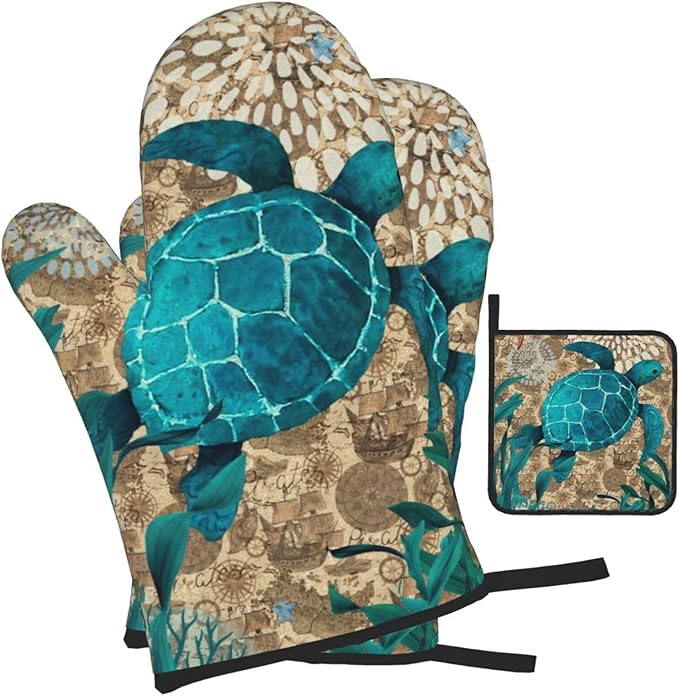 Retro Teal Nautical Oven Mitts and Pot Holders Sets, Sea Turtles Oven Gloves - Image 2