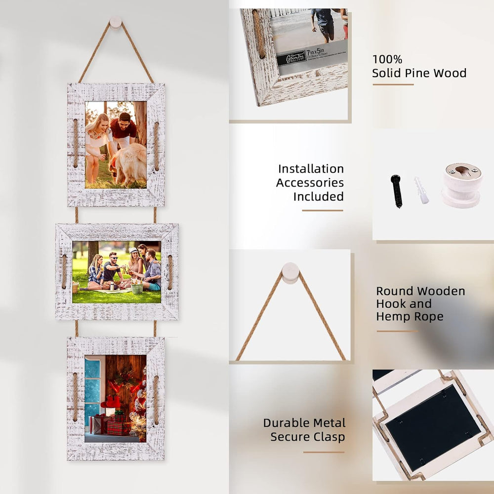 5x7 Collage Picture Frames, 3 Opening, Solid Wood, White, 2 Pack