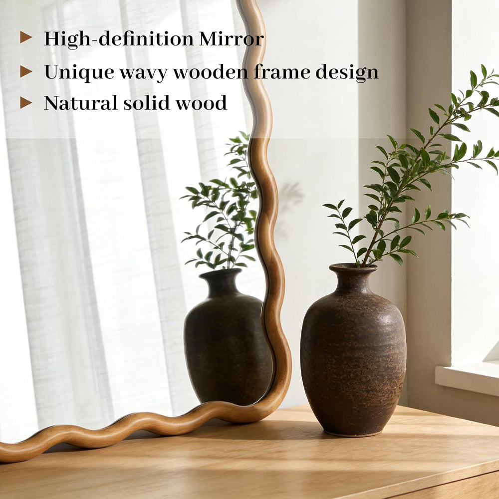 WallBeyond 24"x36" Wavy Wood Mirror, Natural Wood Boho Accent Wall ...