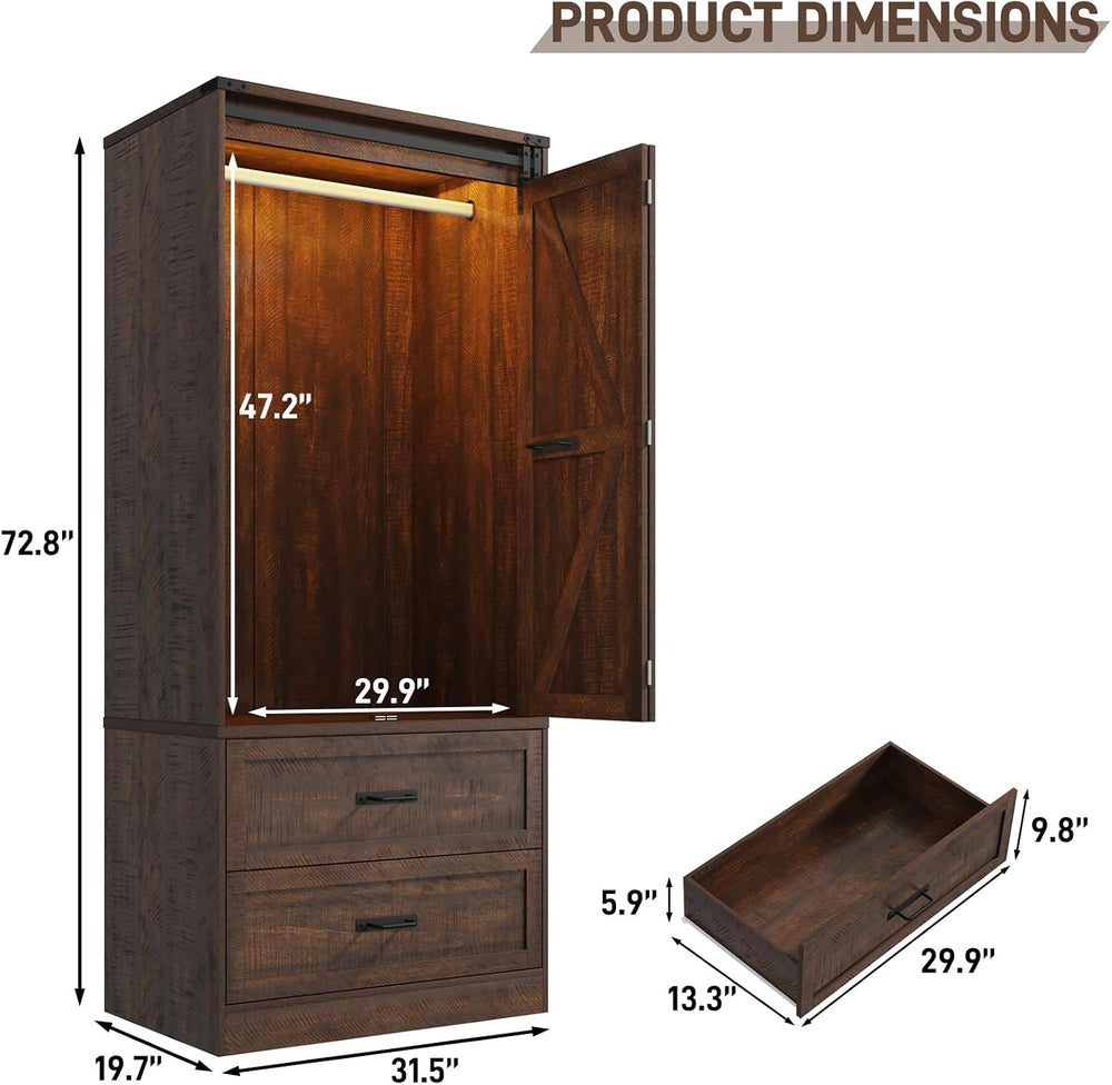 2 Doors Armoire Wardrobe Closet w/ Folding Sliding Barn Door,Brown