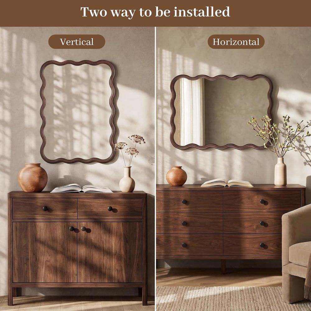 22"x30" Wavy Wood Mirror, Rectangular Wall Mirror with Natural Wood...