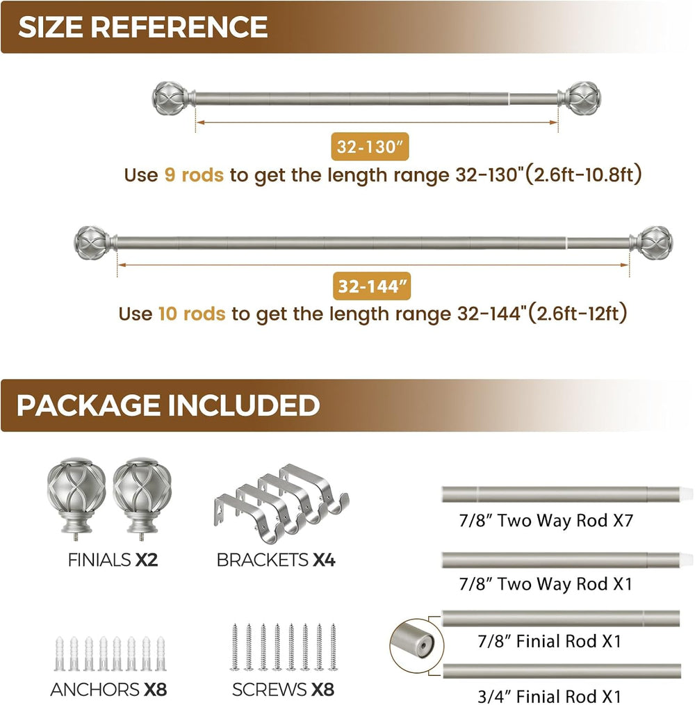 KAMANINA Silver Curtain Rods for Windows 72 to 144 Inch, Long Heavy Duty