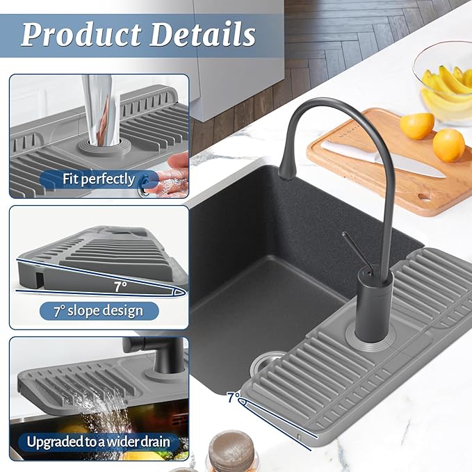 PoYang 14.6 inch Faucet Mat for Kitchen Sink Splash Guard, 7° Slope Silicone - Image 8