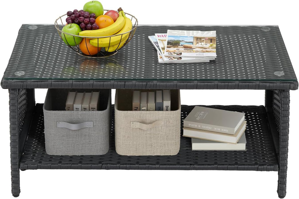 VINGLI Outdoor Wicker CoffeeTable Patio Coffee Tables for Outside, Tempered G...