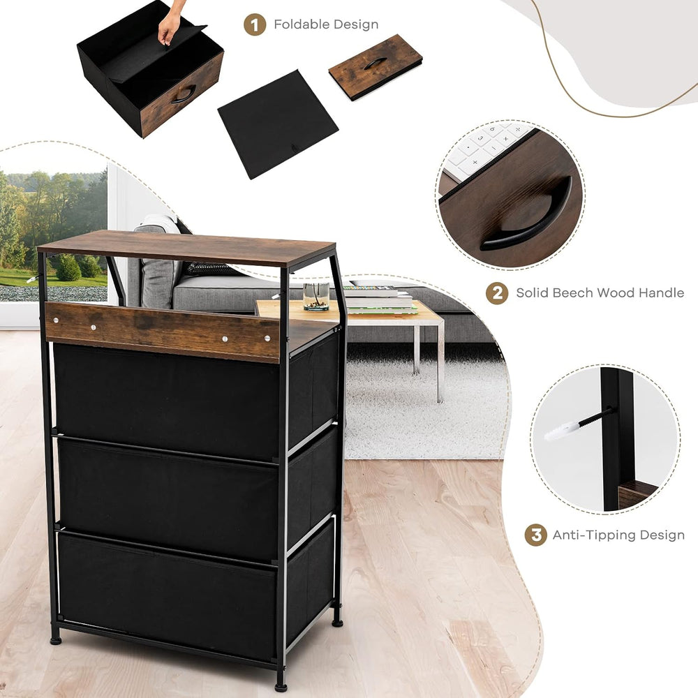 GIANTEX 3 Drawers Dresser, Storage Tower w/ 3 Foldable Fabric Drawers & O...