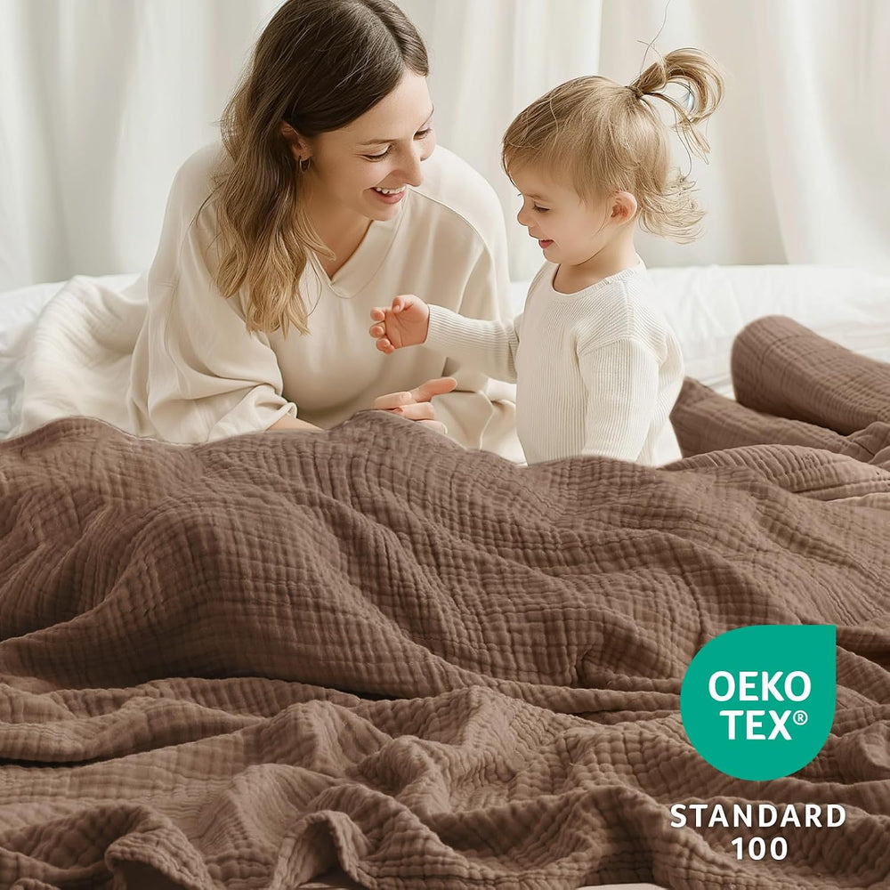100% Cotton Muslin Blanket for Adults, 6-Layer Large Throw, 50x70, Brown
