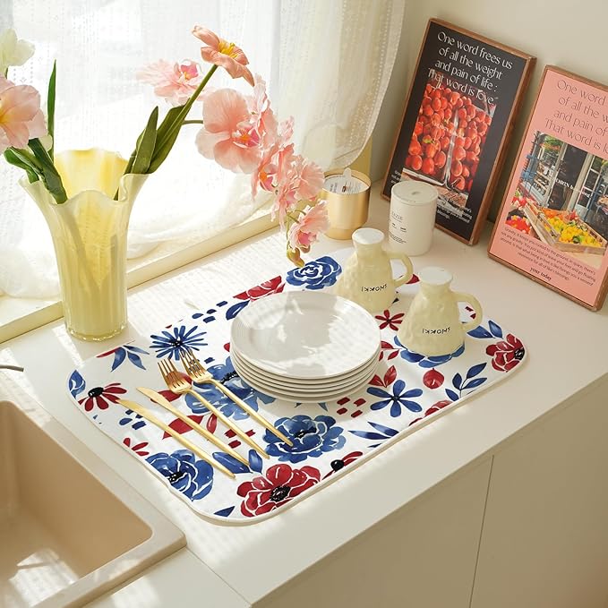 Red Blue Floral Dish Drying Mat 18x24 Inch Vintage 4th of July Drying Mat - Image 6