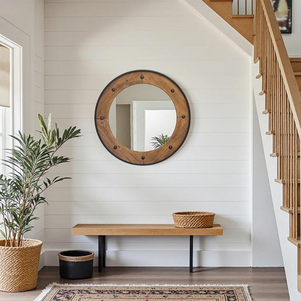 Rustic Round Wall Mirror 24 Inch, Natural Wood Frame with Black Metal Trim, I...