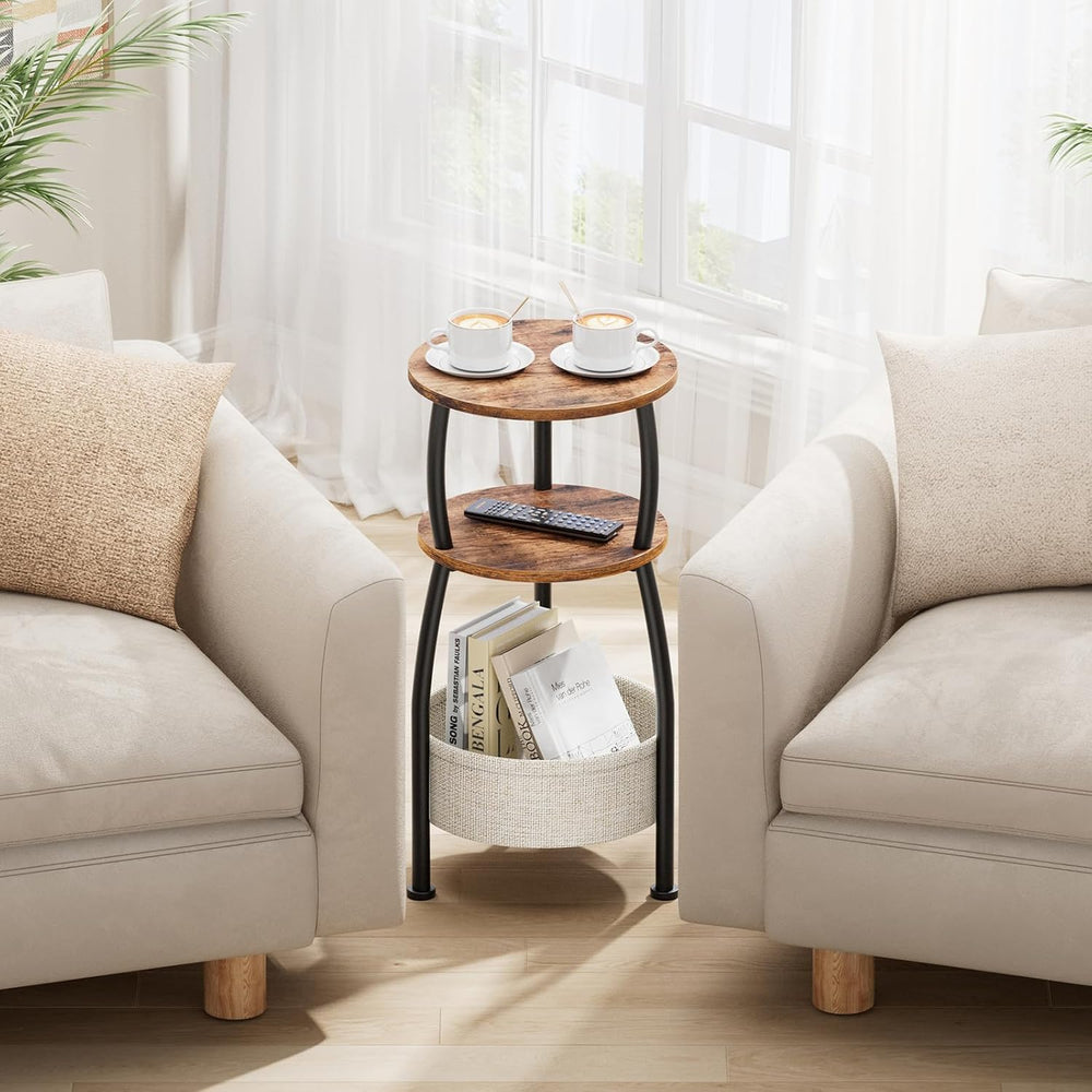Round Side Table for Small Spaces with Storage Basket –Small End Table 3-Tier...
