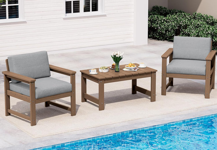 SERWALL 3 Pieces HDPE Outdoor Sofa Bistro Set with Cushions & Coffee Table