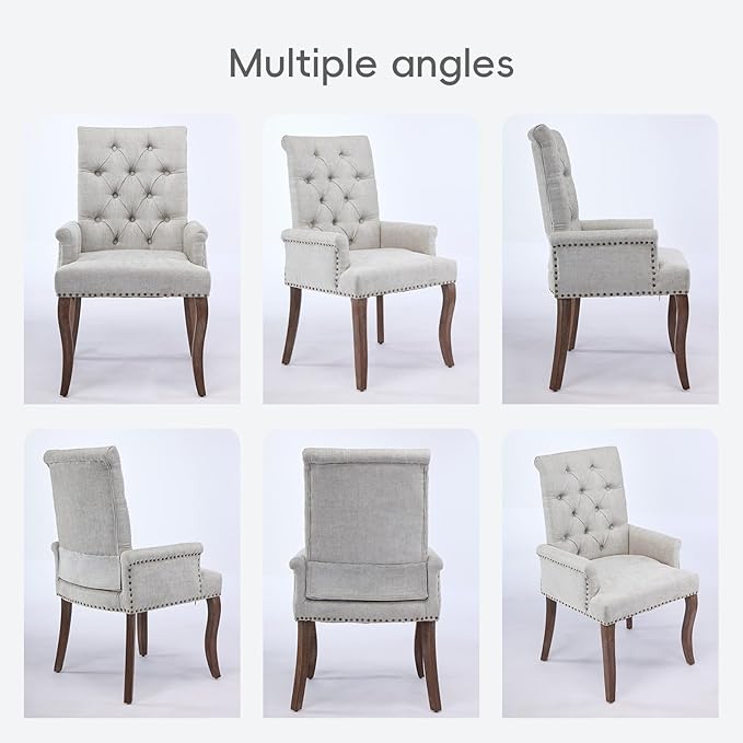 Upholstered Tufted Chenille Dining Chairs with Arms & Nailhead Trim – Sol...