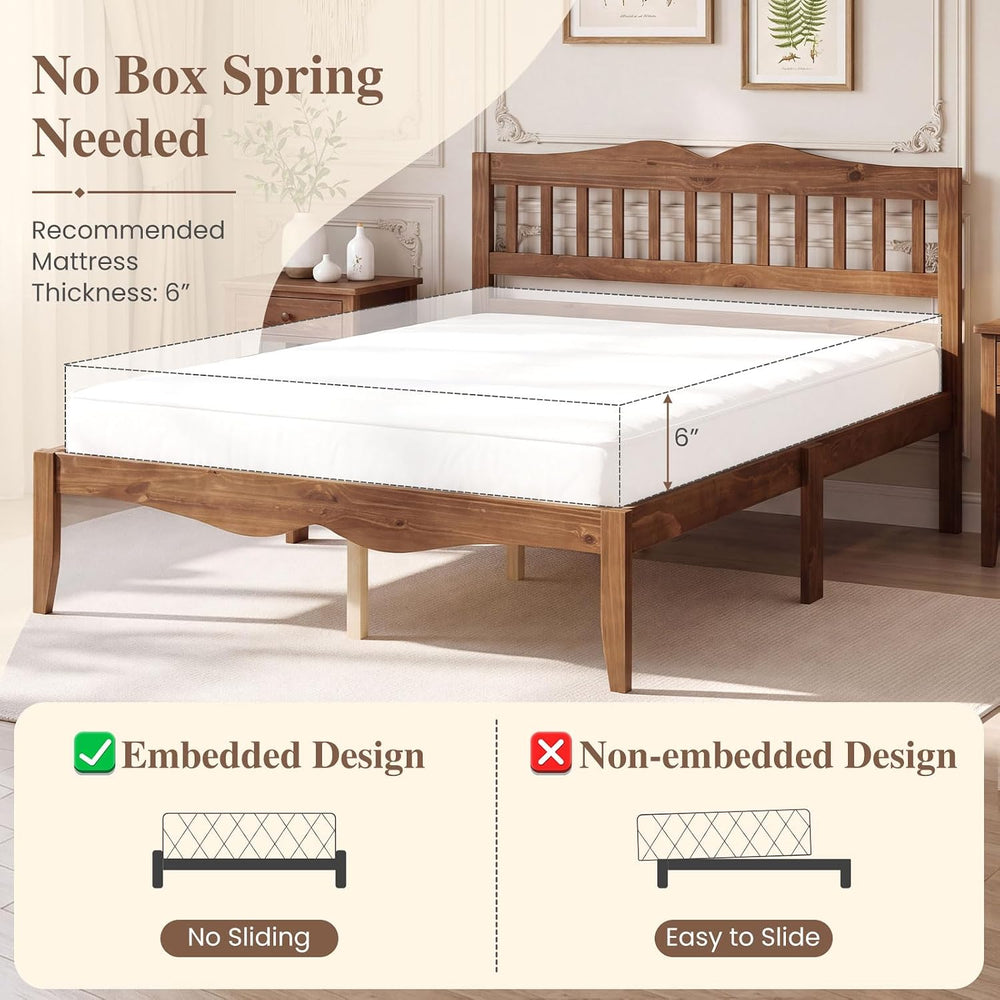 KOMFOTT Full Size Bed Frame, Farmhouse Wooden Bed with Slatted Headboard