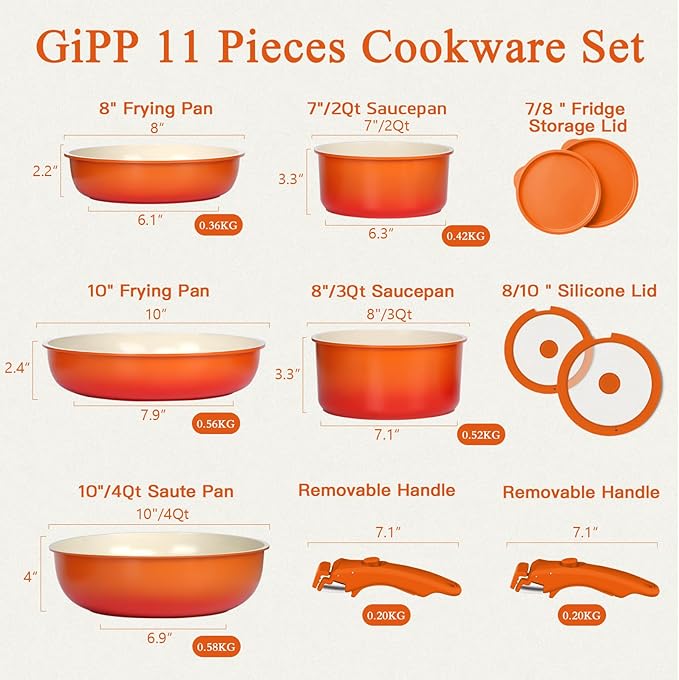 GIPP 11pcs Pots and Pans Set Non Stick, Nonstick Cookware Set Detachable Handle