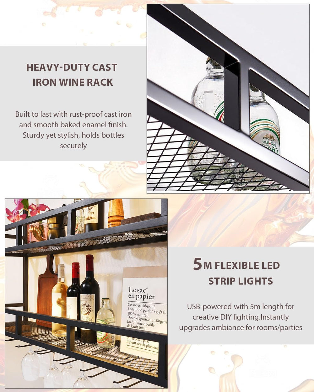 Wall-Mounted Wine Rack, 39" Metal Bar Shelves with Bottle Glass Holder |...