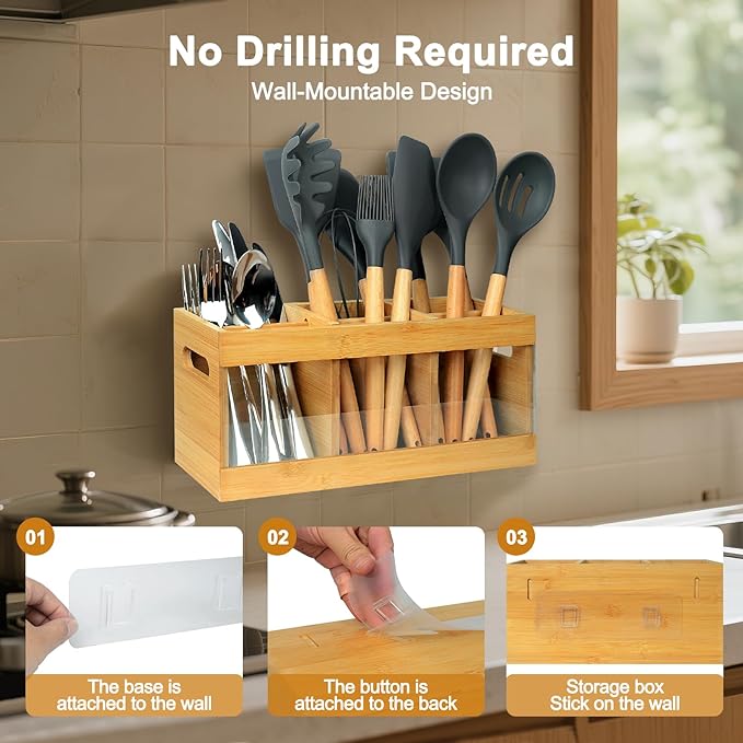 Kitchen Utensil Holder for Counter Extra Large Bamboo Wooden Utensil Organizer - Image 2