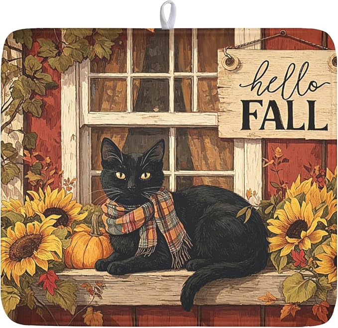 Fall Dish Drying Mat for Kitchen Counter Vintage Autumn Cat Sunflower Pumpkin by Unknown