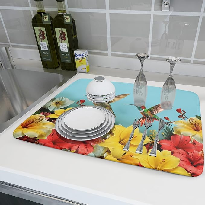 Kawani Spring Summer Hummingbirds Floral Dish Drying Mat - Image 5